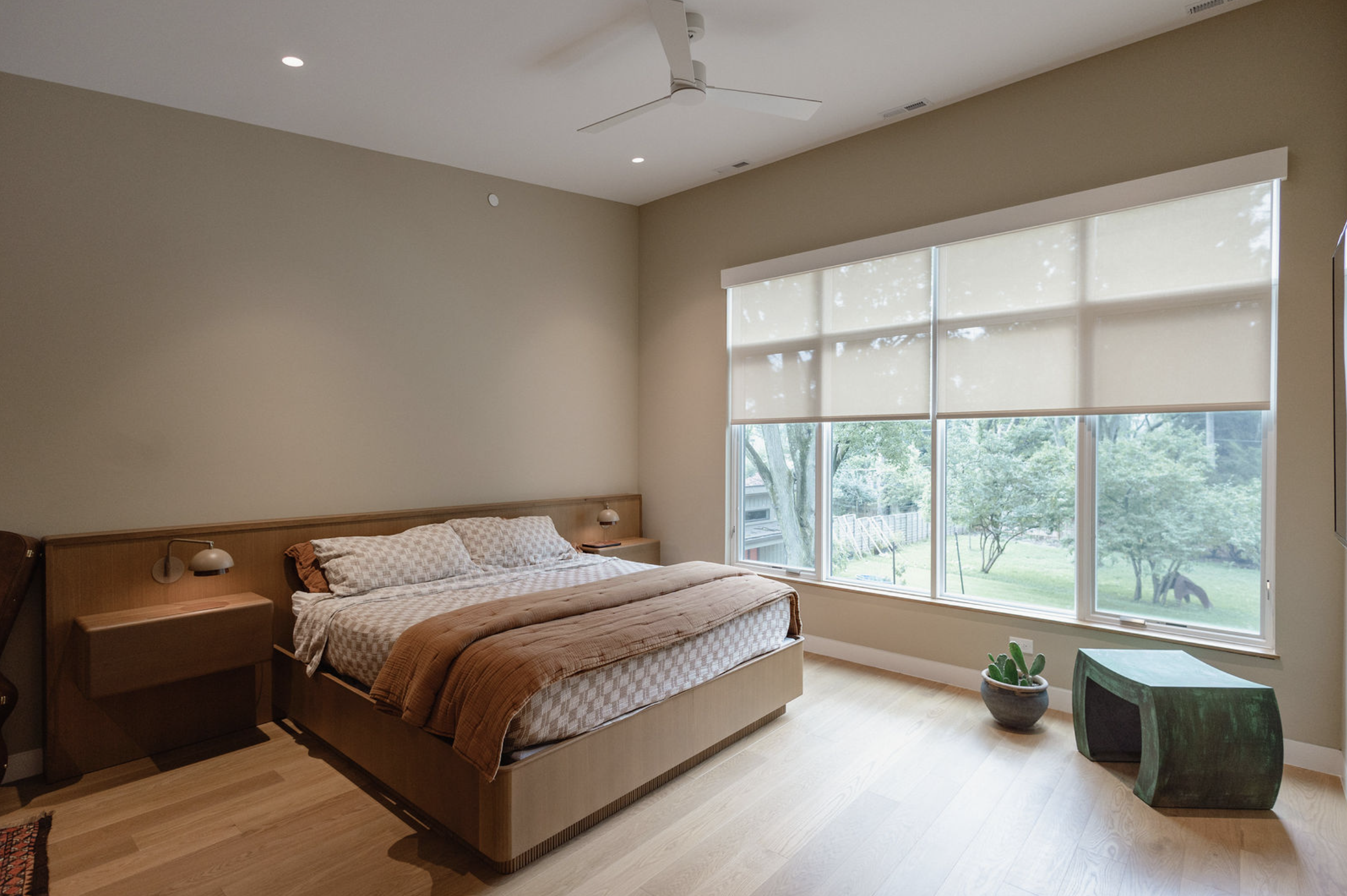 Wood bed with a wide headboard