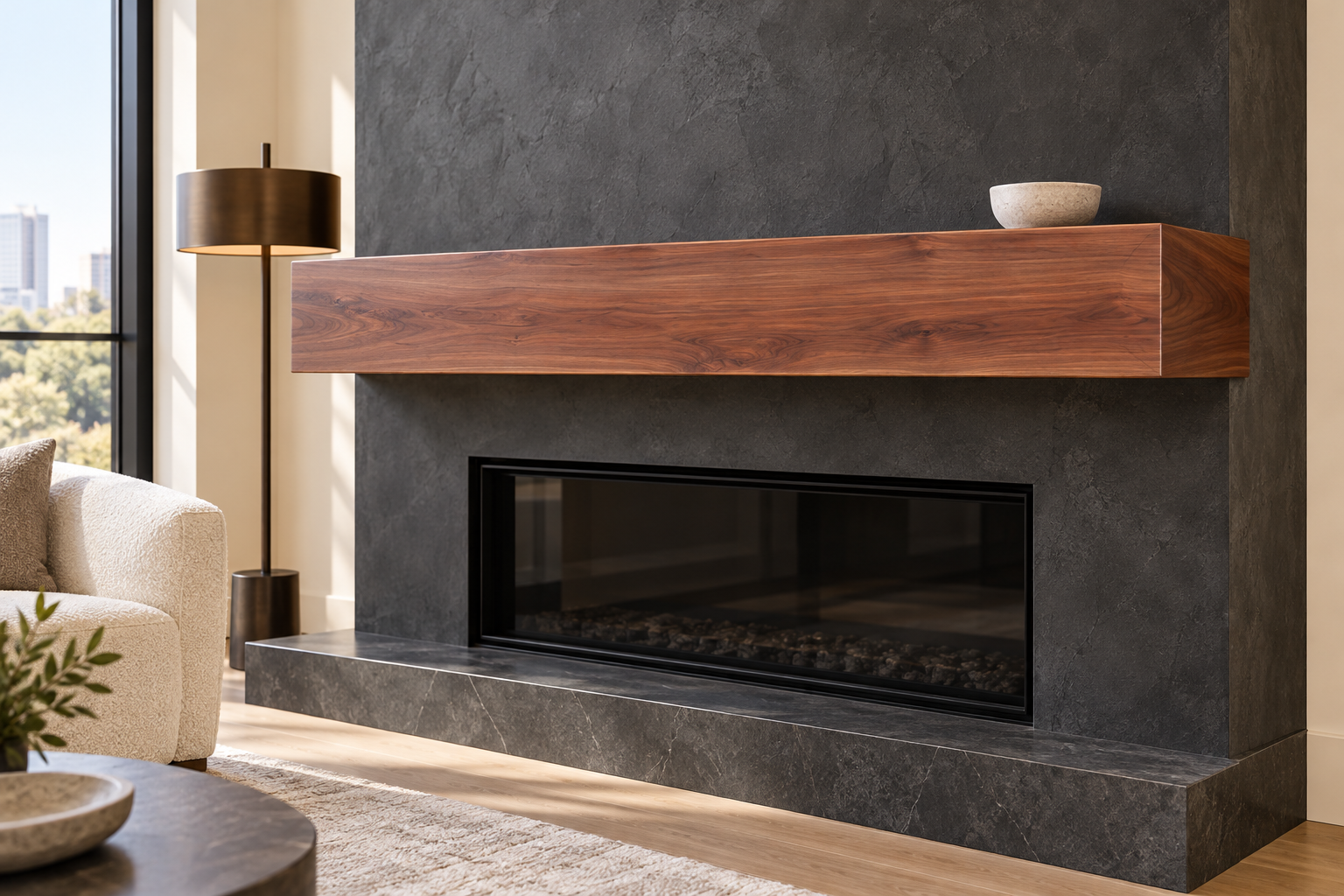 Concept drawing: box-beam mantel in charcoal