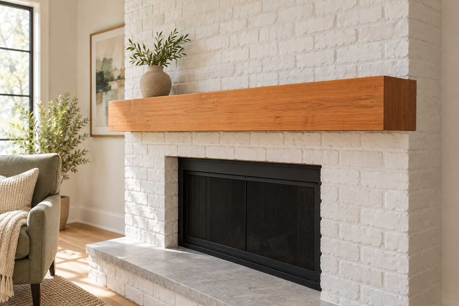 Concept drawing: box-beam mantel with white brick